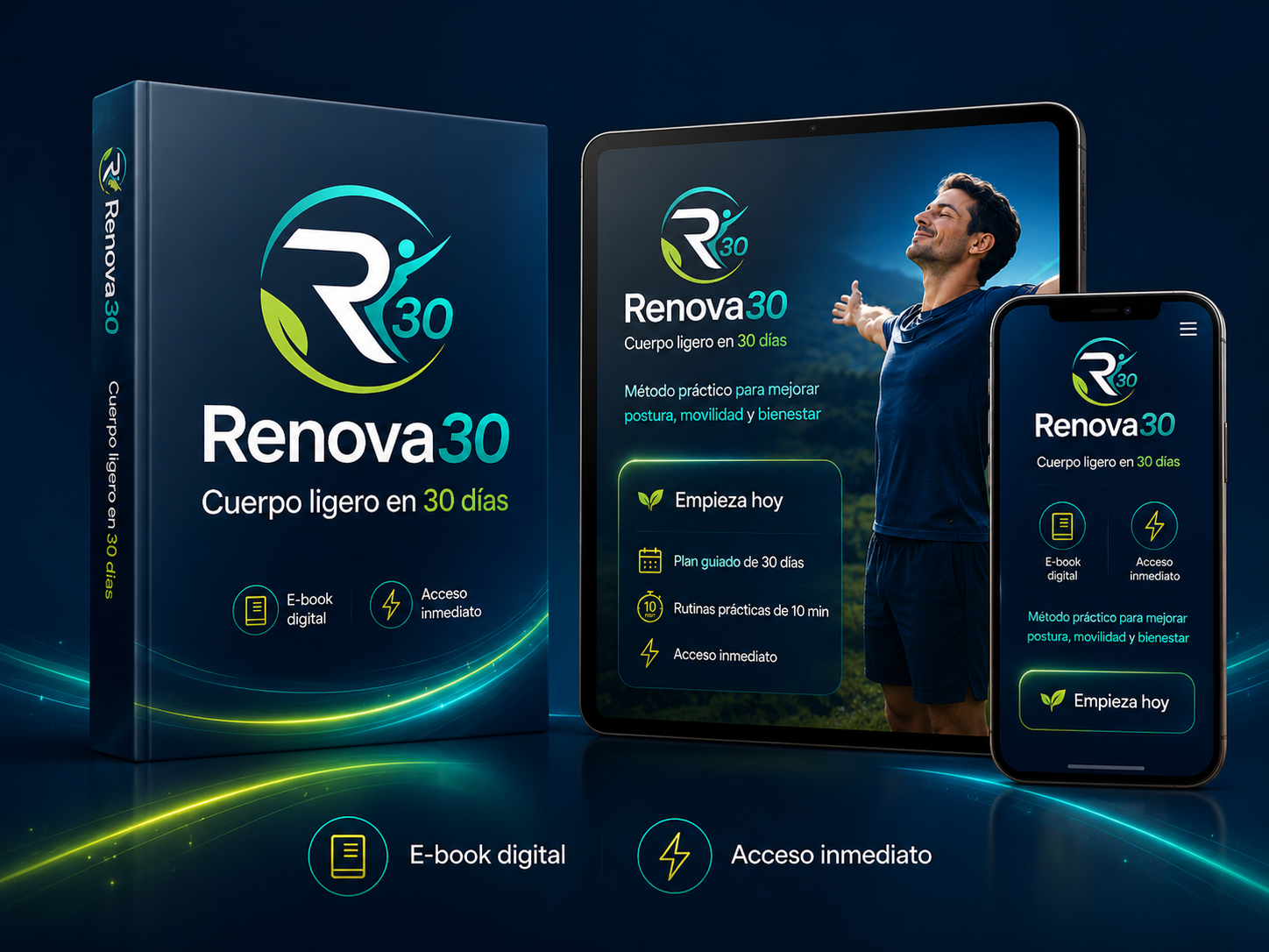 Mockup Renova30 e-book, tablet y celular